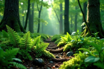 Fototapeta premium Dense foliage of ferns and moss covering a forest floor , undergrowth, moss, forest floor