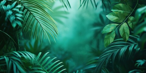 Fototapeta premium Beautiful green tropical jungle background with palm leaves