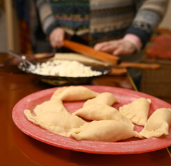 Making traditional dumplings in a cozy kitchen during the afternoon with homemade filling prepared