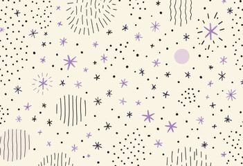 various shapes and sizes of stars and dots in shades of purple and black, scattered across a light beige background.