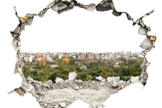 Hole in yellow paper revealing urban landscape, cut out