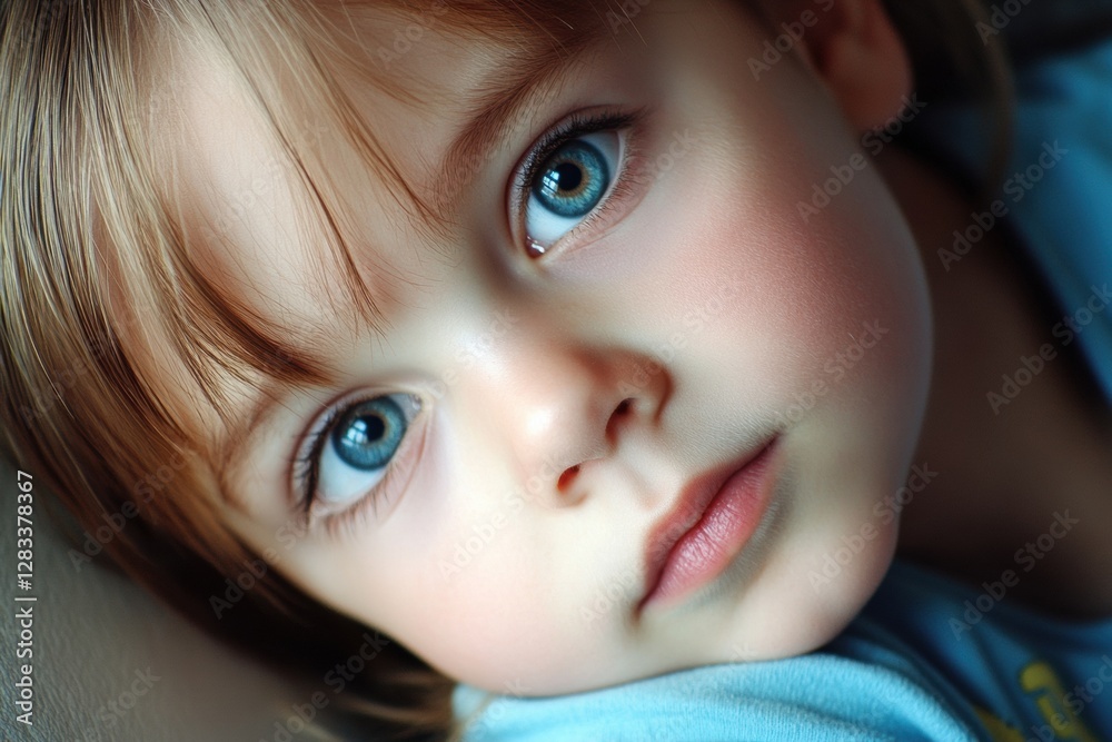 Aufkleber young child with striking blue eyes gazing thoughtfully while resting indoors on a soft surface surr