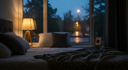 Bedroom Interior View of Rainy Night Through the Window with Lamp