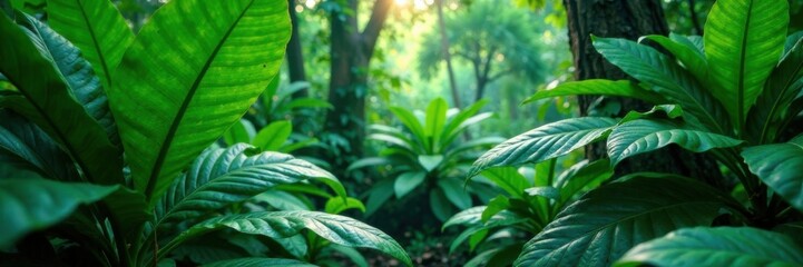 Obraz premium Dense foliage of tropical leaves in a lush forest environment, botanical, plants, tropical leaves