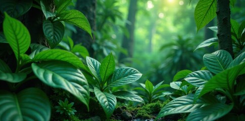 Dense foliage of tropical leaves in a lush forest environment, leafy, forest, arboreal