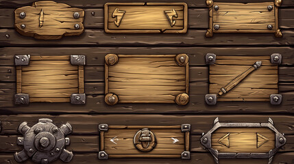 Wood pirate ui game frame and board button vector. Wooden texture menu interface with arrow, panel and signboard 2d shape. Round metal web plank for medieval mobile app. Brown fantasy plate kit