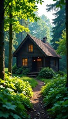 Dense foliage surrounds a rustic wooden cabin in the woods , nature, forest, serene