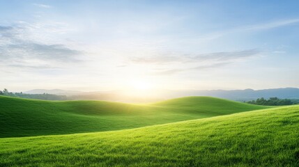Obraz premium Serene Rolling Green Hills Under Golden Sunrise Sky