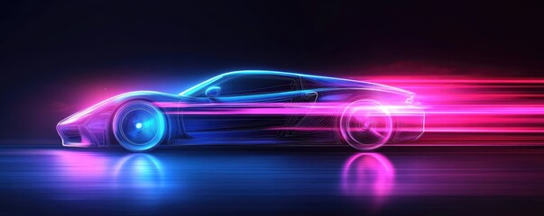 A futuristic car with neon lights appears to be speeding through a dark space, creating a dynamic sense of motion and energy.