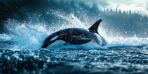 Obraz premium Orca whale breaching and splashing in the ocean with dramatic sky