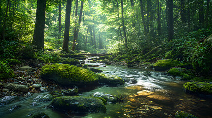 Obraz premium Serenity in Nature: A Quiet Moment by the Stream Beneath a Sunlit Forest Canopy