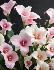 a mix of pastel pink orchids and white calla lilies, exotic flowers, luxury gift