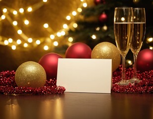 Elegant holiday setting with two glasses, Christmas ornaments, and a blank card for personalized messages.