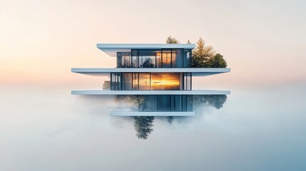 Modern Minimalist Architecture with Reflections and Sunset Glow