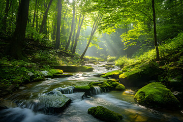 Obraz premium Serenity in Nature: A Quiet Moment by the Stream Beneath a Sunlit Forest Canopy