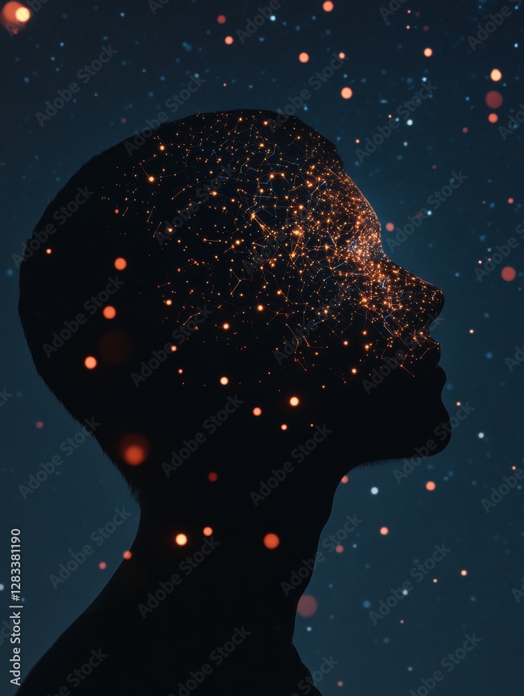 Poster silhouette of a human head with glowing quantum circuits symbolizing advanced technology and innovat