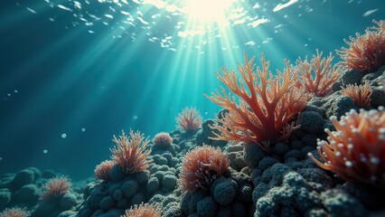 Fototapeta premium Underwater view of a coral reef affected by bleaching with sun rays illuminating damaged coral 