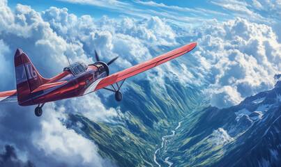 Daring pilot flying a plane in a sky-high setting with fluffy clouds and breathtaking altitude.