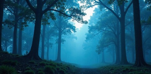 Obraz premium Dense forest canopy with silhouetted trees and blue mist, landscape, wildlife, mist