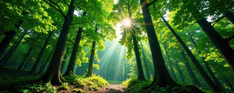 Dense forest canopy with tall trees and filtered sunlight , woodlands, nature, greenery - Powered by Adobe