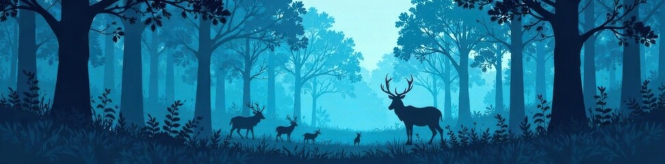 Obraz premium Dense forest foliage with blue silhouettes of trees and wild animals amidst greenery , Wildlife, Blue, Green