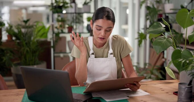 Checklist, writing or florist woman with laptop in small business for online order or ecommerce. Plants, research or confused flower seller with clipboard in plant nursery or floral retail startup