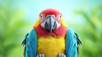 Obraz premium Colorful macaw parrot looks directly forward against a blurred green jungle background during daytime.