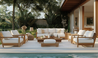 Fototapeta premium Luxurious poolside lounge area featuring elegant teak furniture and chic decor for ultimate outdoor relaxation.