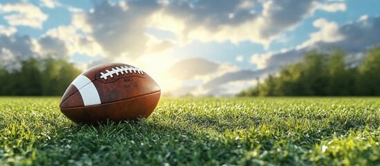 Football on Lush Grass under Fluffy Clouds