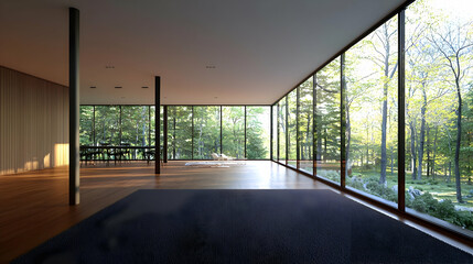 Spacious Modern Interior Room With Floor To Ceiling Windows and View of Green Forest