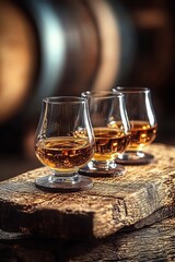 Whiskey Tasting Set with Crystal Glasses and Wooden Barrel on Rustic Table
