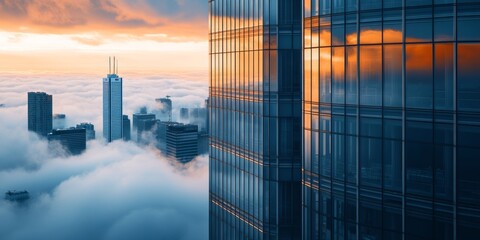 Modern skyscraper reflecting dramatic sunset over foggy cityscape