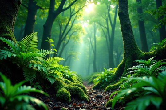 Dense forest of lush greenery with ferns and tropical leaves , greenspace, plant, leaf