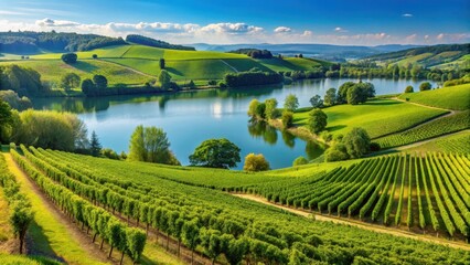 Naklejka premium Rolling hills of green vineyards with majestic trees and a serene lake in the background, surrounded by lush greenery, on a sunny day with a clear blue sky , scenic vineyard, cape town