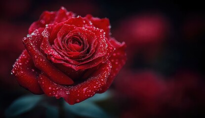 Red Rose Close-Up with Water Droplets in Low-Key Lighting for Valentine's Day and Weddings