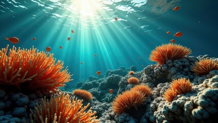 Obraz premium Underwater view of a coral reef affected by bleaching with sun rays illuminating damaged coral 