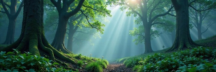 Dense forest with majestic trees standing tall amidst misty atmosphere, foliage, forest, nature