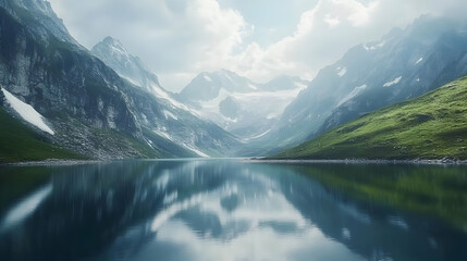 Fototapeta premium A serene mountain landscape reflecting in a calm lake under a cloudy sky.