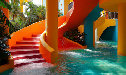 Cheerful vividly colored staircase in tropical resort environment radiates joyful energy and exotic design sophistication