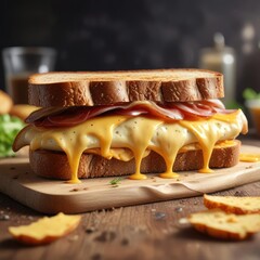 A mouthwatering sandwich with melted cheese and crunchy bread, food, frying
