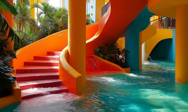 Cheerful vividly colored staircase in tropical resort environment radiates joyful energy and exotic design sophistication