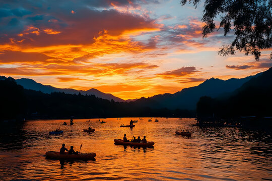 A serene sunset over a lake with silhouettes of kayakers and mountains in the background.