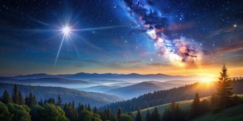 Naklejka premium Celestial canvas, North Star twinkling over rolling hills and serene forest landscape at dusk