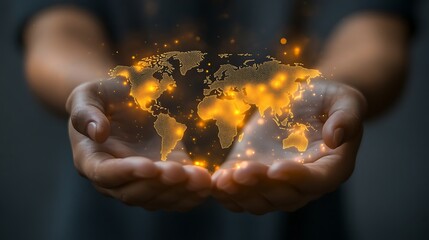 Global Connection  Hands Holding Illuminated World Map
