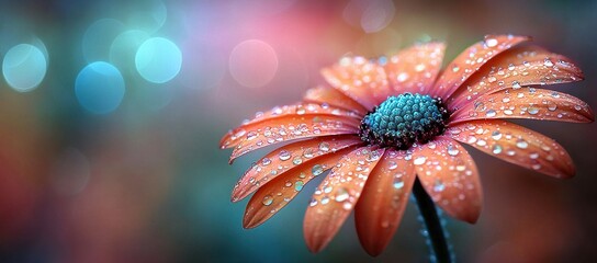 Dew-kissed orange flower with teal center against a bokeh background.
