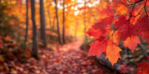 Red maple leaves hanging on branch in autumn forest