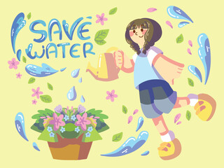 world water day flat illustration girl watering plants illustration