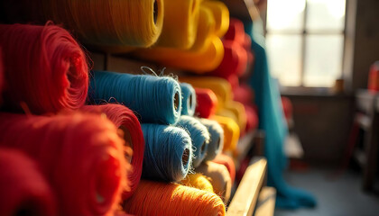 Obraz premium Various colored thread spools piled together. Collection of various bobbins, textile industry.