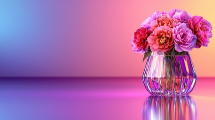   A vase of pink flowers on a purple-pink table, against a pink-blue wall