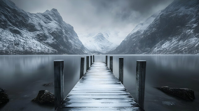 A serene wooden pier extends into a misty, snow-capped mountain lake. - Powered by Adobe